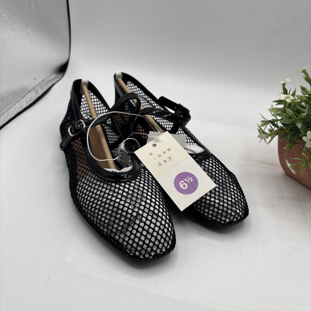 A New Day Woman 6.5 Issa Black Sheer Net Mary Janes Flats Shoes New In Box Gift